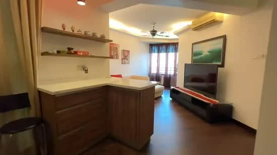 Living features: wooden flooring, recessed ceiling with LED lighting, 5-blade ceiling fan, wall-mounted TV, black TV console, white sofa, red accent chair, open kitchen counter with bar stools, shelves with decorative items, large windows with sheer curtains; style: modern; view: city.