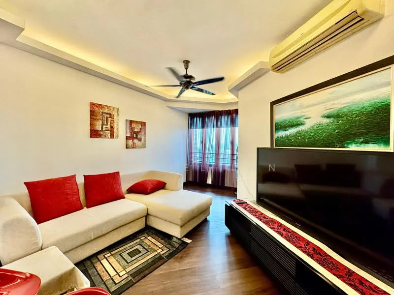 Living features: 3-seater fabric sofa in cream, red accent cushions, coffee table with red surface, area rug with geometric pattern, wall-mounted TV, TV console in black, ceiling fan with 5 blades, recessed lighting, floor-to-ceiling windows with sheer curtains, decorative artwork on walls, wooden flooring; style: modern; view: city.