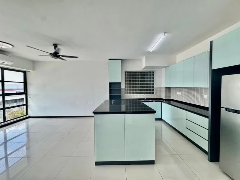 Kitchen features: black granite countertop, light blue cabinetry, stainless-steel fridge, built-in oven, 4-burner gas hob, grey mosaic tile backsplash, single-bowl stainless-steel sink, chrome pull-down faucet, floor-to-ceiling windows, white walls, white tiled flooring, ceiling fan with light, recessed LED downlights; style: modern; view: city.