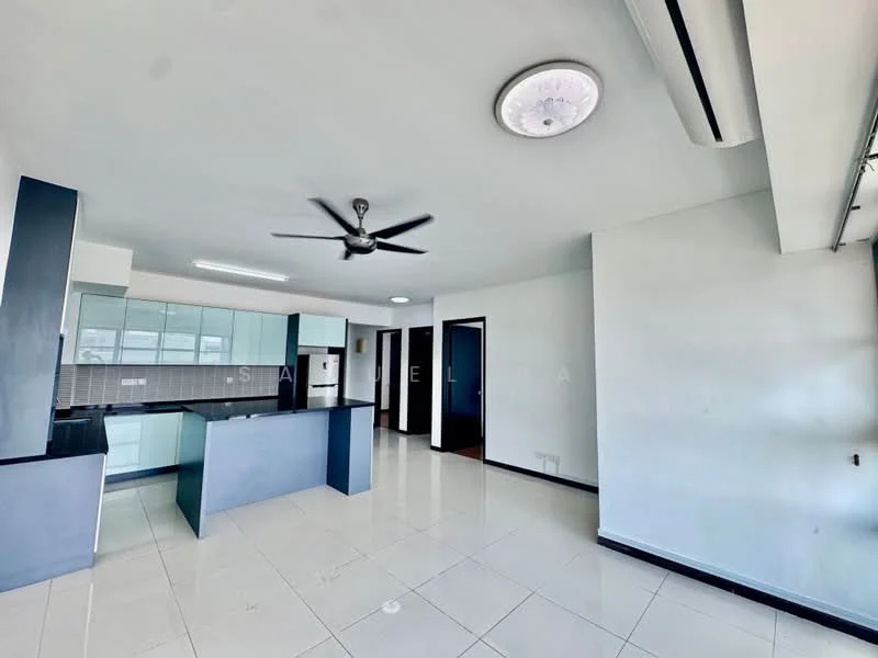 Kitchen features: white painted walls, glossy tile flooring, black countertop, stainless-steel sink, chrome pull-down faucet, built-in cabinets with glass fronts, recessed LED downlights, 5-blade ceiling fan, open layout to living area, kitchen island, sliding glass door to balcony; style: modern; view: city. Living features: white painted walls, glossy tile flooring, 5-blade ceiling fan, recessed LED downlights, open layout to kitchen, large windows for natural light; style: modern; view: city.