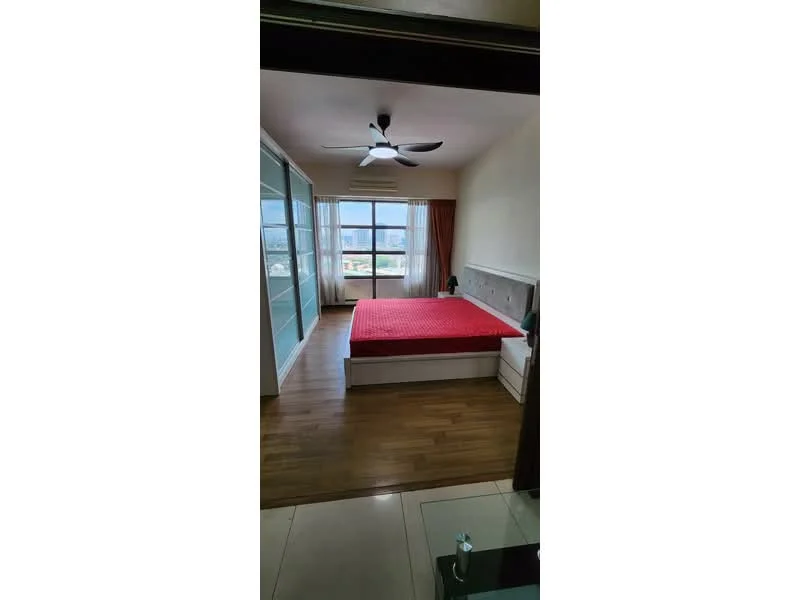 Bedroom features: king-size bed with red bedspread, upholstered headboard, 2 bedside tables, floor-to-ceiling windows, curtains, wooden flooring, ceiling fan, built-in wardrobe with sliding doors, decorative wall paneling, view of city skyline; style: modern; view: city.