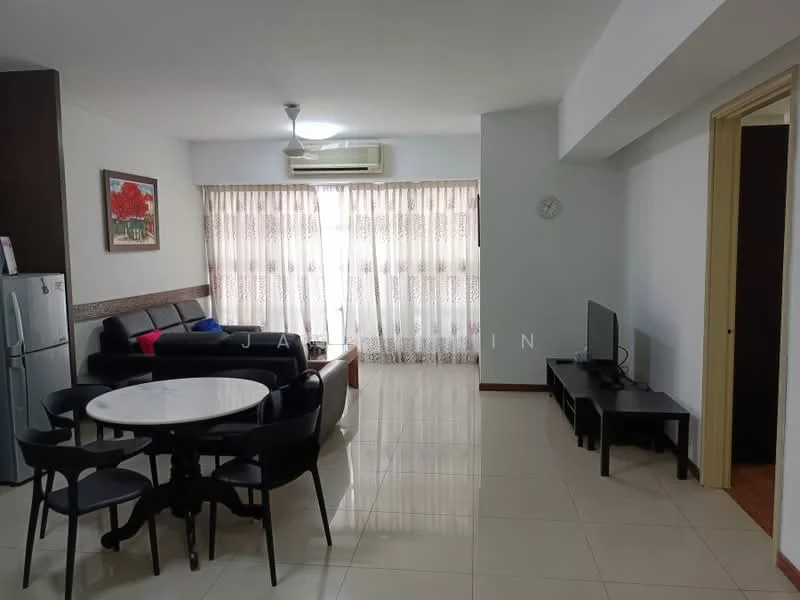 Living features: 3-seater black leather sofa, 2-seater fabric sofa in grey, round dining table with white top, 4 black dining chairs, wall-mounted TV, TV console, floor-to-ceiling windows with sheer curtains, air conditioning unit, light-colored tiled flooring, decorative wall art, wall clock; style: modern.