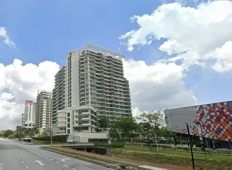 Exterior type: high-rise condominium; features: glass curtain wall, white painted facade, recessed balconies, greenery landscaping, manicured lawn, surrounded by mature trees, multi-storey structure, modern architectural design; style: modern.