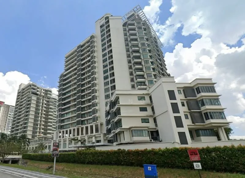 Exterior type: high-rise condominium; features: glass curtain wall, white painted facade, recessed balconies, multiple storeys, landscaped garden, surrounded by greenery, modern architectural design, large windows, outdoor terraces; style: modern.
