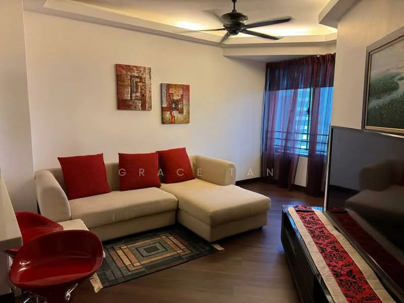Living features: L-shape sectional sofa in cream, red accent cushions, area rug with geometric pattern, wall-mounted TV, TV console in dark wood, ceiling fan with light, recessed lighting, decorative artwork on walls, curtains in dark red, floor-to-ceiling window, wooden flooring; style: modern.
