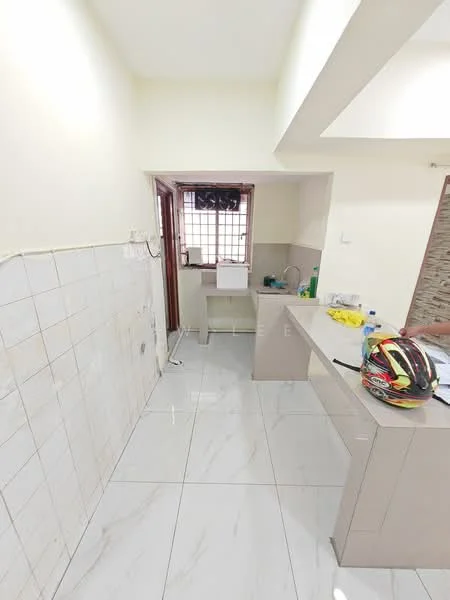 Kitchen features: white painted walls, glossy ceramic tile flooring, single-bowl stainless-steel sink, chrome pull-down faucet, kitchen countertop with storage cabinets, window with grid pattern, visible plumbing fixtures, cleaning supplies on countertop; style: modern.