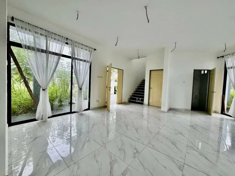 Room features: white painted walls, marble tile flooring, floor-to-ceiling windows, sheer curtains, double doors, staircase, recessed lighting, greenery view; style: modern; view: garden.