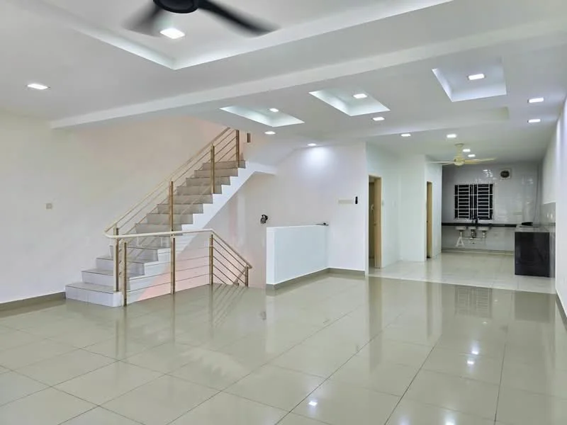 Living features: glossy ceramic tile flooring, white painted walls, tray ceiling with recessed lighting, 5-blade ceiling fan, open layout, staircase with wooden railing, large windows for natural light, neutral color palette; style: modern. Kitchen features: black cabinetry, white countertop, stainless-steel sink, built-in appliances, window for ventilation, open layout to living area; style: modern.
