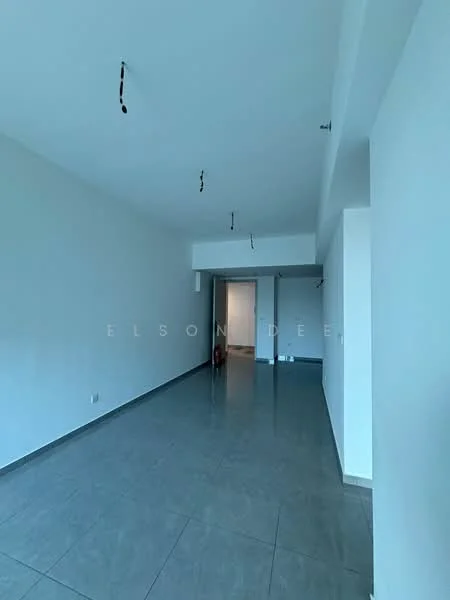 Room features: white painted walls, grey tiled flooring, exposed ceiling with hanging light fixtures, open layout, large windows, neutral color scheme; style: modern.