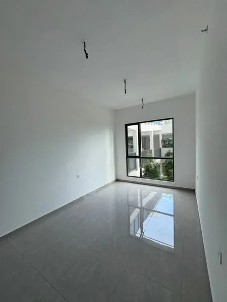 Room features: white painted walls, glossy grey tile flooring, floor-to-ceiling windows, natural light from window, minimalist ceiling with hanging lights; style: modern; view: garden.