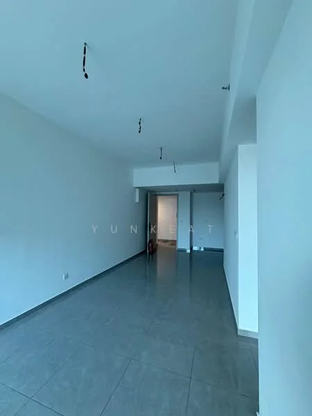 Room features: white painted walls, grey tile flooring, recessed ceiling lights, open layout, large open space, no visible furniture, neutral color scheme, floor-to-ceiling windows; style: modern.