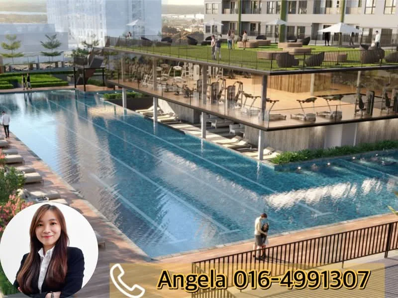 Exterior type: high-rise condominium; features: infinity pool, pool deck with loungers, landscaped garden, outdoor dining area, gym area visible, glass railing, manicured lawn, surrounding greenery; style: modern.