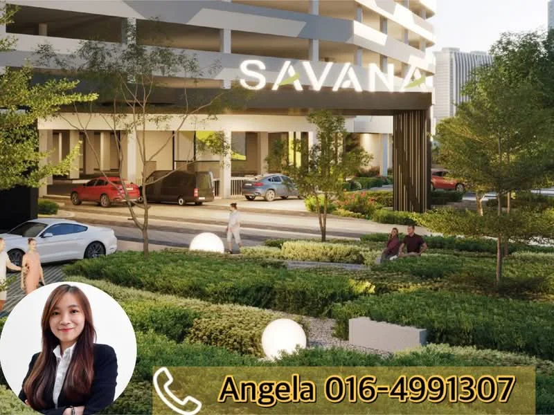 Exterior type: high-rise condominium; features: modern facade with signage, landscaped garden with greenery, manicured lawn, outdoor lighting features, parking area with vehicles, surrounding trees, entrance with covered walkway; style: modern.