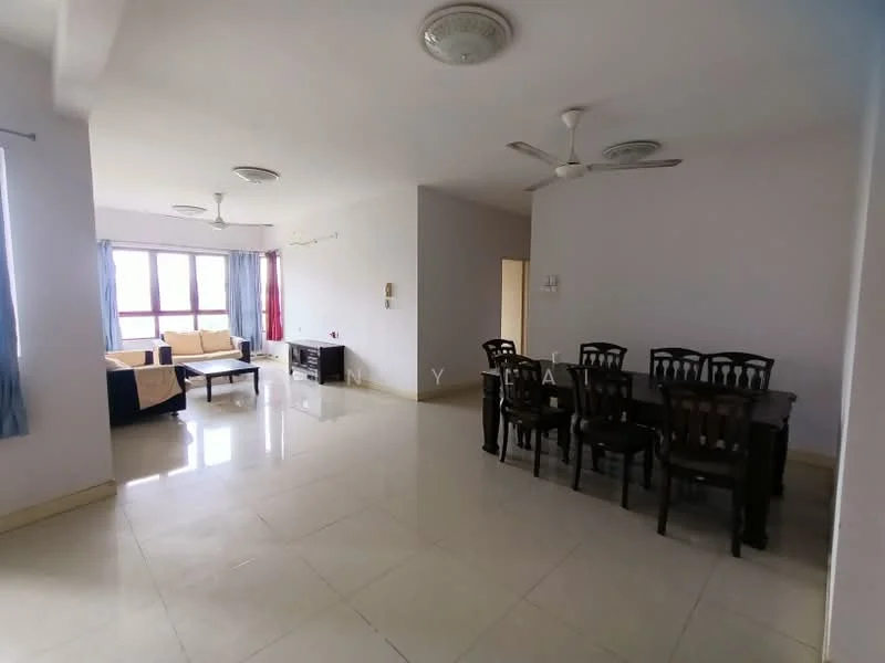 Living features: white painted walls, glossy tile flooring, 5-blade ceiling fan, 2 ceiling lights, large windows with sheer curtains, sofa in beige fabric, wooden coffee table, TV console, dining table with 8 chairs; style: modern.