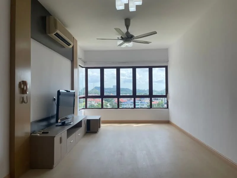 Living features: light wood flooring, white painted walls, 5-blade ceiling fan with light, wall-mounted TV, TV console with storage, large windows with city view, air conditioning unit, natural light from windows; style: modern; view: city.