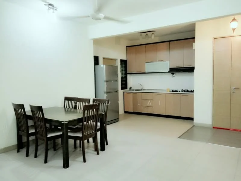 Kitchen features: white painted walls, light grey tiled flooring, ceiling fan, built-in kitchen cabinets in light wood, stainless-steel fridge, built-in oven, 4-burner gas hob, single-bowl stainless-steel sink, chrome pull-down faucet, microwave, dining table with 6 wooden chairs; style: modern.