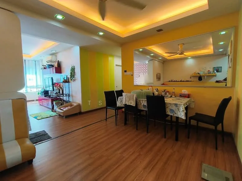 Dining features: dining table with chairs, yellow painted walls, wooden flooring, recessed ceiling lights, ceiling fan, mirror on wall, decorative items on table, open layout to living area; style: modern. Living features: sofa, TV console, wall-mounted TV, open layout to dining area, large windows, natural light, decorative plants; style: modern.
