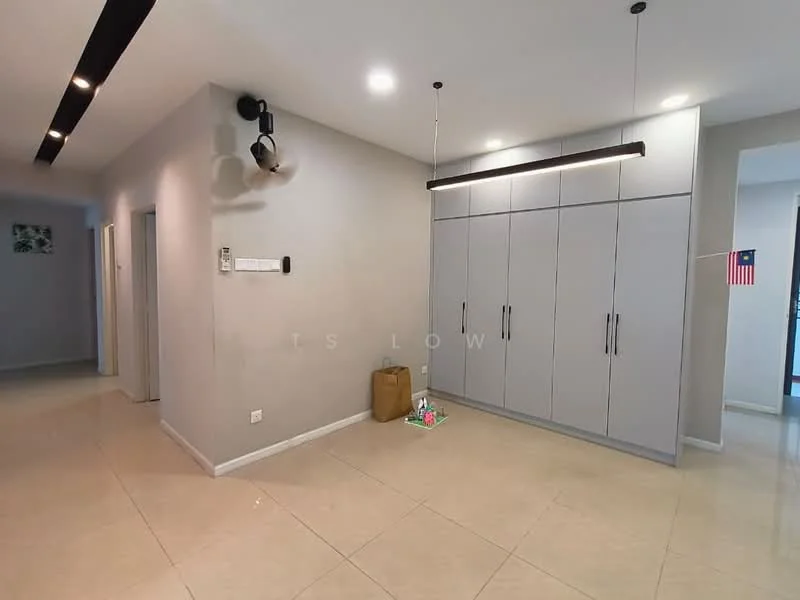 Room features: light grey painted walls, white ceiling, recessed LED downlights, linear pendant light, large built-in cabinets with grey finish, cream tiled flooring, wall-mounted intercom, decorative wall art, doorway leading to another room, visible entrance to hallway; style: modern.