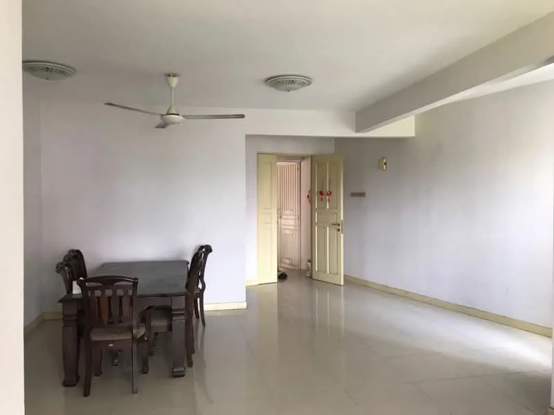 Dining features: dining table with four chairs, white painted walls, polished ceramic tile flooring, ceiling fan, doorway leading to another room, light fixtures on ceiling.
