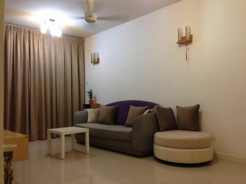 Living features: 3-seater fabric sofa in grey, round ottoman in cream, white coffee table, floor-to-ceiling curtains in beige, ceiling fan with light, wall-mounted sconces, decorative plant in pot, cream painted walls, glossy tile flooring; style: modern.