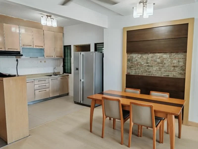 Kitchen features: light wood cabinetry, white countertop, stainless-steel sink, chrome pull-down faucet, built-in oven, stainless-steel fridge, ceramic tile backsplash, 4-burner gas hob, recessed downlights, floor-to-ceiling windows, open layout to dining area; style: modern. Dining features: wood dining table, 4 upholstered dining chairs, decorative wall panel with stone cladding; style: modern.
