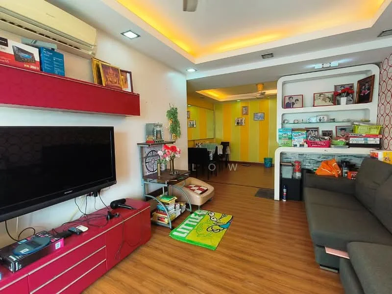 Living features: laminate wood flooring, white painted walls, sofa in grey fabric, TV console with red cabinetry, wall-mounted TV, decorative wall shelves, framed artwork on walls, ceiling with recessed lighting, air conditioning unit, coffee table, area rug with cartoon design, books and magazines on shelves; style: modern.