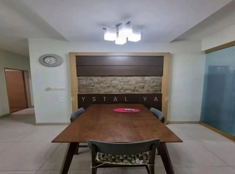 Dining features: wooden dining table, upholstered dining chairs, chandelier with multiple lights, feature wall with stone cladding, cream painted walls, tile flooring, wall clock, decorative round mirror; style: modern.