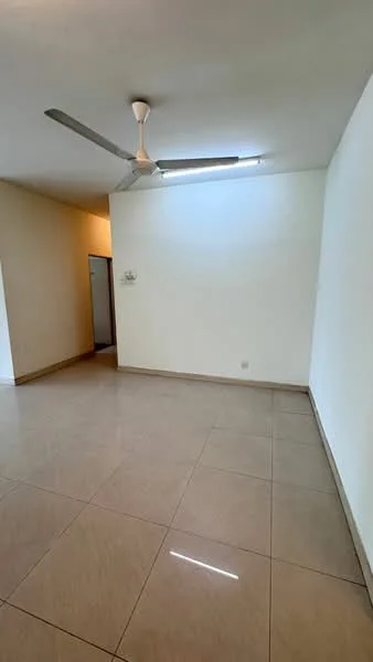 Room features: white painted walls, cream tiled flooring, ceiling fan, recessed lighting, single door, open space, natural light from window, no visible furniture; style: modern.