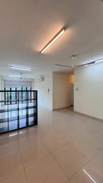 Living features: white painted walls, glossy ceramic tile flooring, recessed LED downlights, 2 ceiling fans, large sliding glass door, black glass room divider, air conditioning unit, natural light from windows; style: modern; view: garden. Room features: white painted walls, glossy ceramic tile flooring, doorway leading to another room.
