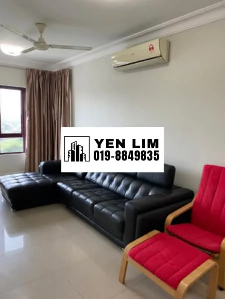 Living features: black leather sectional sofa, red upholstered armchair, wall-mounted split AC, ceiling fan, large window with view, curtains in beige, glossy tile flooring, light grey painted walls; style: modern; view: city.