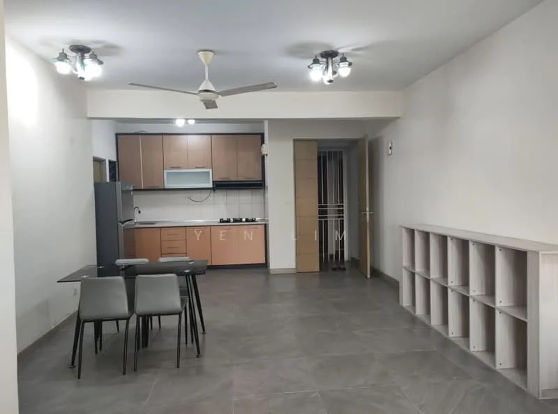 Living features: grey tiled flooring, white painted walls, 5-blade ceiling fan with light, recessed downlights, dining table with 4 chairs, open kitchen layout, built-in cabinetry, sliding door to hallway, stainless-steel fridge, built-in oven, gas hob, kitchen countertop, kitchen cabinets; style: modern.