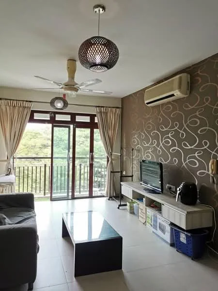 Living features: 3-seater fabric sofa in grey, black coffee table, wall-mounted TV, TV console, ceiling fan with light, recessed downlights, floor-to-ceiling windows, sheer curtains, sliding glass door, decorative wall with abstract pattern, air conditioning unit, light-colored tiled flooring; style: modern; view: garden.