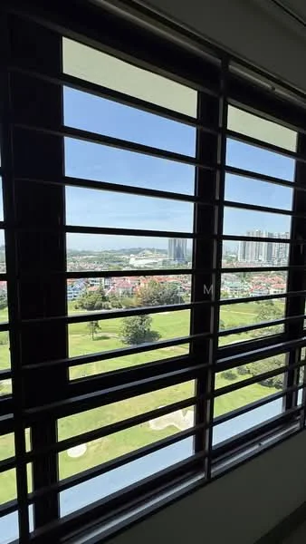 Room features: window with horizontal slats, view of green landscape, view of city skyline, clear blue sky; view: city.