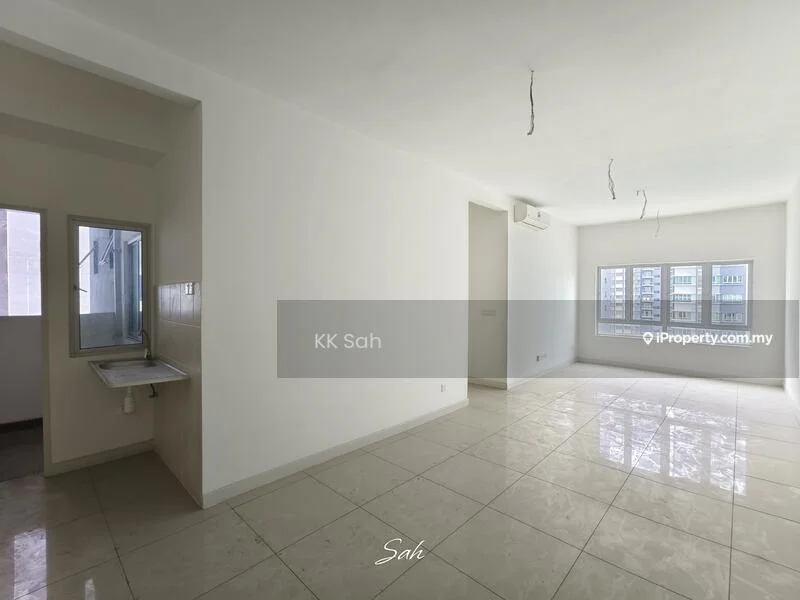 Room features: white painted walls, glossy tile flooring, floor-to-ceiling windows, 1 wall-mounted split AC, ceiling lights, open layout, kitchenette area with sink, natural light from windows; style: modern; view: city.