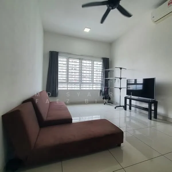 Living features: 3-seater fabric sofa in brown, floor-to-ceiling windows, grey curtains, wall-mounted TV, TV console, white painted walls, polished ceramic tile flooring, ceiling fan, air conditioning unit, decorative shelving unit; style: modern; view: city.