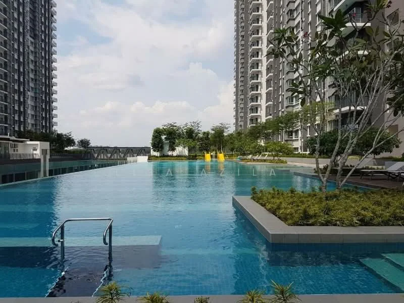 Exterior type: high-rise condominium; features: infinity pool, pool deck with loungers, landscaped garden with shrubs, mature trees, surrounding high-rise buildings, clear blue sky; style: modern.