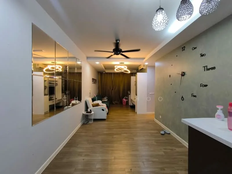 Living features: wooden flooring, white painted walls, mirror wall, ceiling fan with light, recessed lighting, sofa in white, decorative wall clock, open layout, dining area visible, neutral color scheme; style: modern.