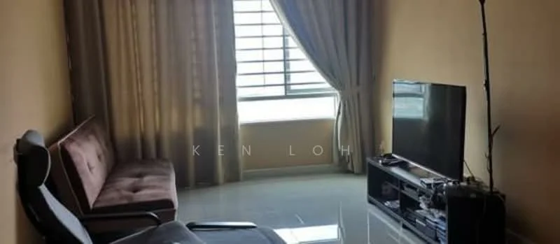 Living features: brown fabric sofa, black leather armchair, flat-screen TV on console, glass TV console, large window with grid pattern, sheer curtains, cream painted walls, glossy tile flooring, floor lamp; style: modern.