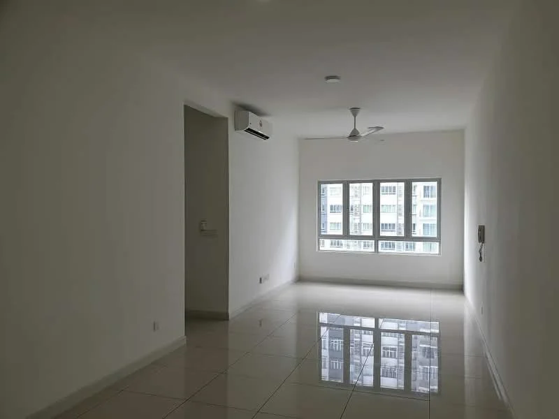 Living features: white painted walls, glossy ceramic tile flooring, 5-blade ceiling fan, wall-mounted split AC, floor-to-ceiling windows, natural light from windows, neutral color scheme, no visible furniture; style: modern; view: city.