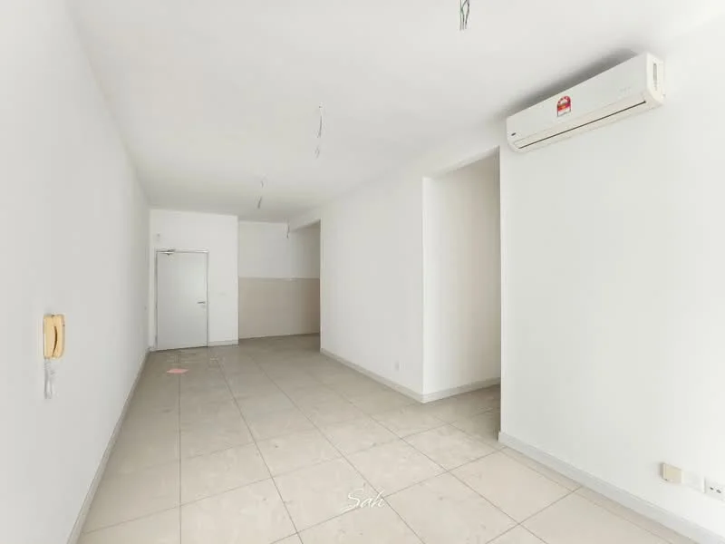 Room features: white painted walls, tile flooring, 1 wall-mounted split AC, ceiling lights, door to another room, neutral color scheme; style: minimalist.