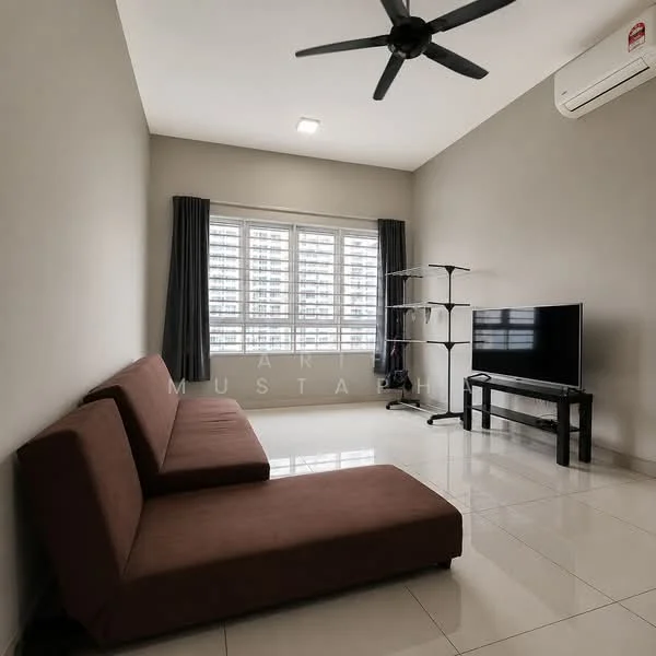 Living features: brown fabric L-shape sectional sofa, floor-to-ceiling windows, black TV console, wall-mounted TV, white walls, grey tiled flooring, 5-blade ceiling fan, air conditioning unit, black curtains; style: modern; view: city.