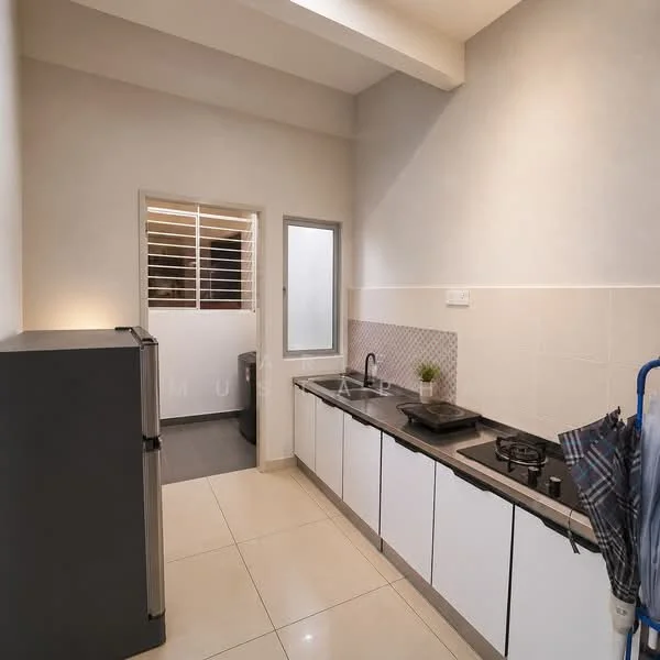 Kitchen features: white cabinetry with flat-panel doors, black countertop, single-bowl stainless-steel sink, chrome pull-down faucet, 4-burner gas hob, stainless-steel fridge, tile backsplash with geometric pattern, ceramic tile flooring, window with security bars, wall-mounted storage for umbrellas, recessed lighting, open layout to adjacent room; style: modern.