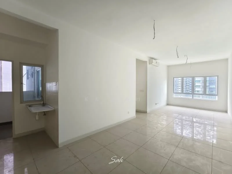 Room features: white painted walls, glossy beige tile flooring, floor-to-ceiling windows, 1 wall-mounted split AC, unfurnished space, ceiling with exposed wiring, kitchenette area with sink, natural light from windows; style: modern; view: city.