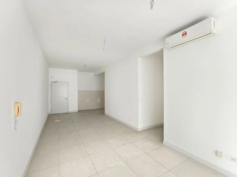 Room features: white painted walls, tile flooring, 1 wall-mounted split AC, ceiling lights, neutral color scheme, door leading to another room, no visible furniture, open layout; style: modern.