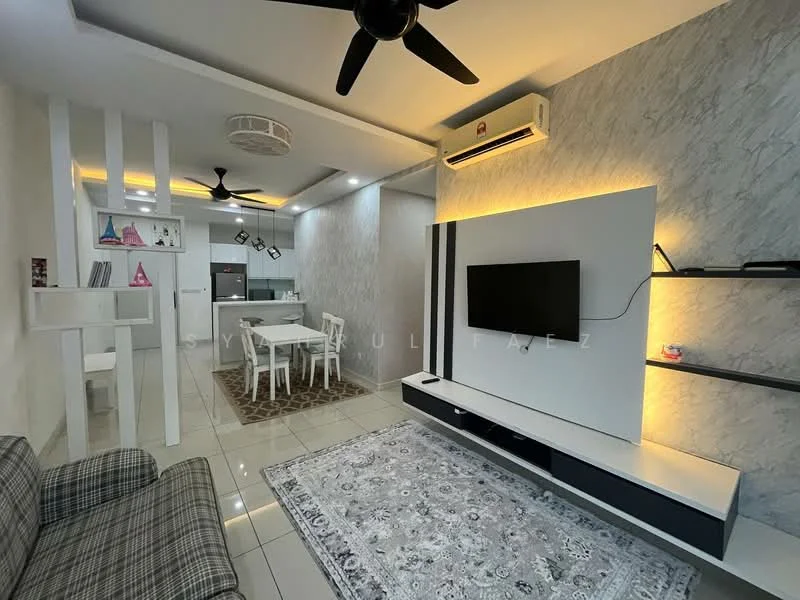 Living features: grey fabric 3-seater sofa, coffee table, wall-mounted TV, TV console with storage, area rug with geometric pattern, ceiling fan with light, recessed LED downlights, white painted walls, marble tile flooring, decorative wall panel, dining table for four, kitchen area visible in background; style: modern.
