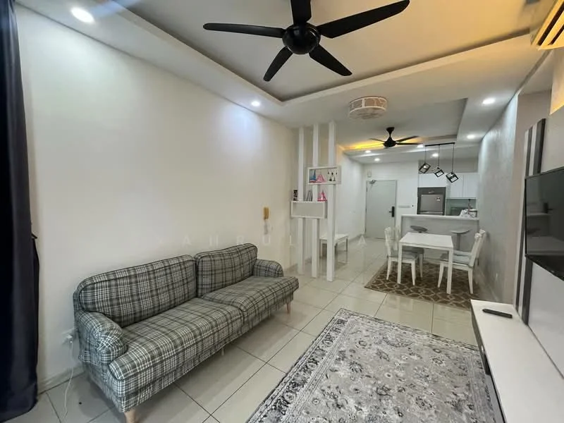 Living features: 3-seater fabric sofa in grey and white plaid, area rug with geometric pattern, wall-mounted TV, TV console, ceiling fan, recessed downlights, white painted walls, cream tiled flooring, open-plan layout to kitchen, decorative wall art, window with dark curtains; style: modern. Kitchen features: white cabinetry, stainless-steel fridge, built-in oven, 4-burner gas hob, kitchen island with seating, pendant lighting, cream tiled flooring; style: modern.