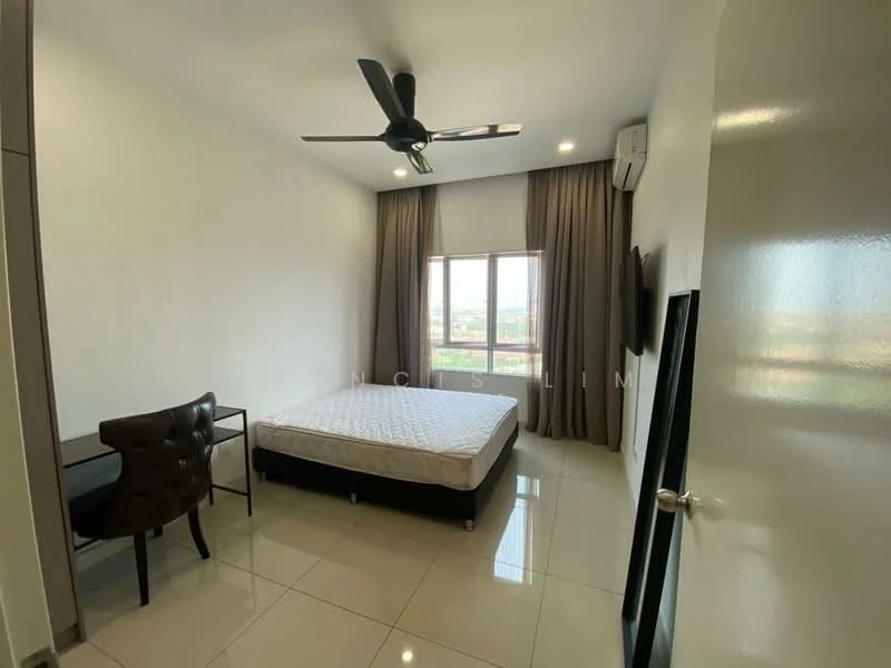 Bedroom features: queen-size bed, upholstered headboard, ceiling fan, floor-to-ceiling window, curtains, wall-mounted TV, desk with chair, polished tile flooring, air conditioning unit, light-colored painted walls; style: modern; view: city.