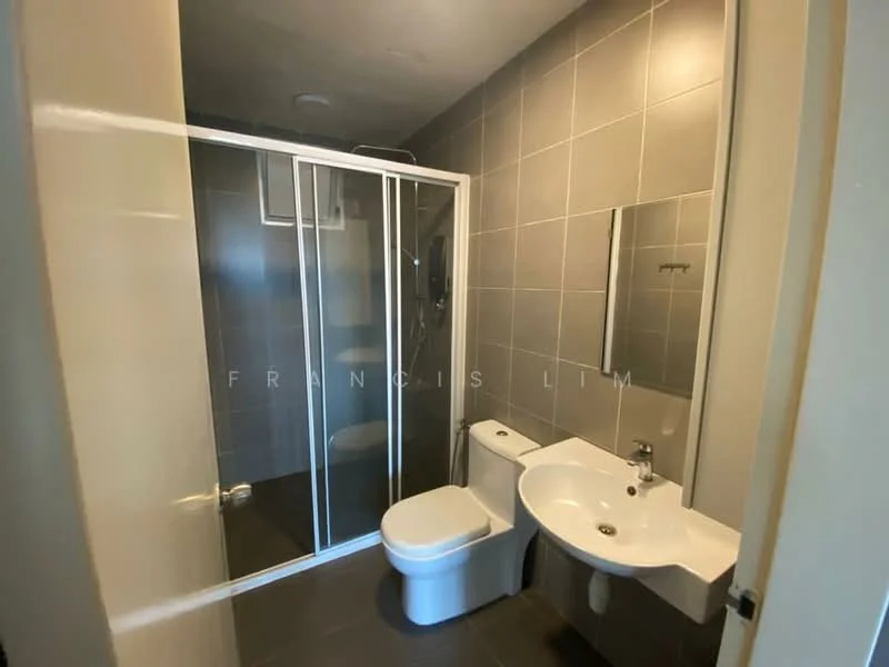 Bathroom features: glass shower enclosure, rain shower head, handheld shower, single-sink vanity with white cabinet, chrome basin mixer, framed mirror, one-piece toilet, grey tiled walls, dark tiled flooring, recessed lighting; style: modern.