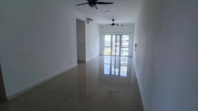 Living features: white painted walls, glossy ceramic tile flooring, 2 ceiling fans, floor-to-ceiling windows, sliding glass door, natural light, neutral color scheme, open layout; style: modern; view: city.