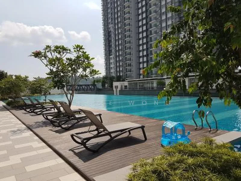 Exterior type: high-rise condominium; features: infinity pool, pool deck with loungers, landscaped garden with tropical plants, paved walkway, surrounded by greenery, modern high-rise building facade; style: modern.